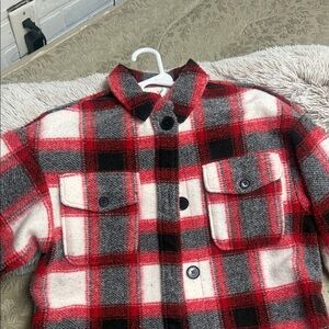 Red, Gray & Cream Plaid Button-Up Shacket